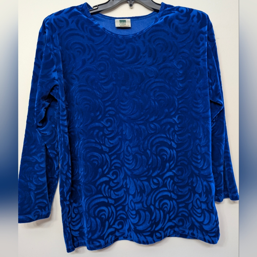 Vintage 90s Royal Blue Burnout Velvet Rose Top - Y2K Whimsigoth Made in USA (L)